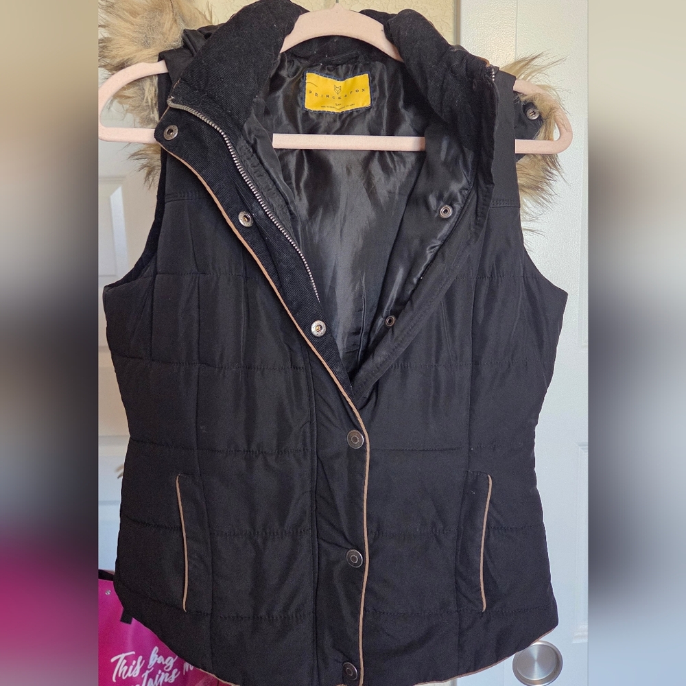 Prince & Fox Black Vest with Faux Fur Hood
